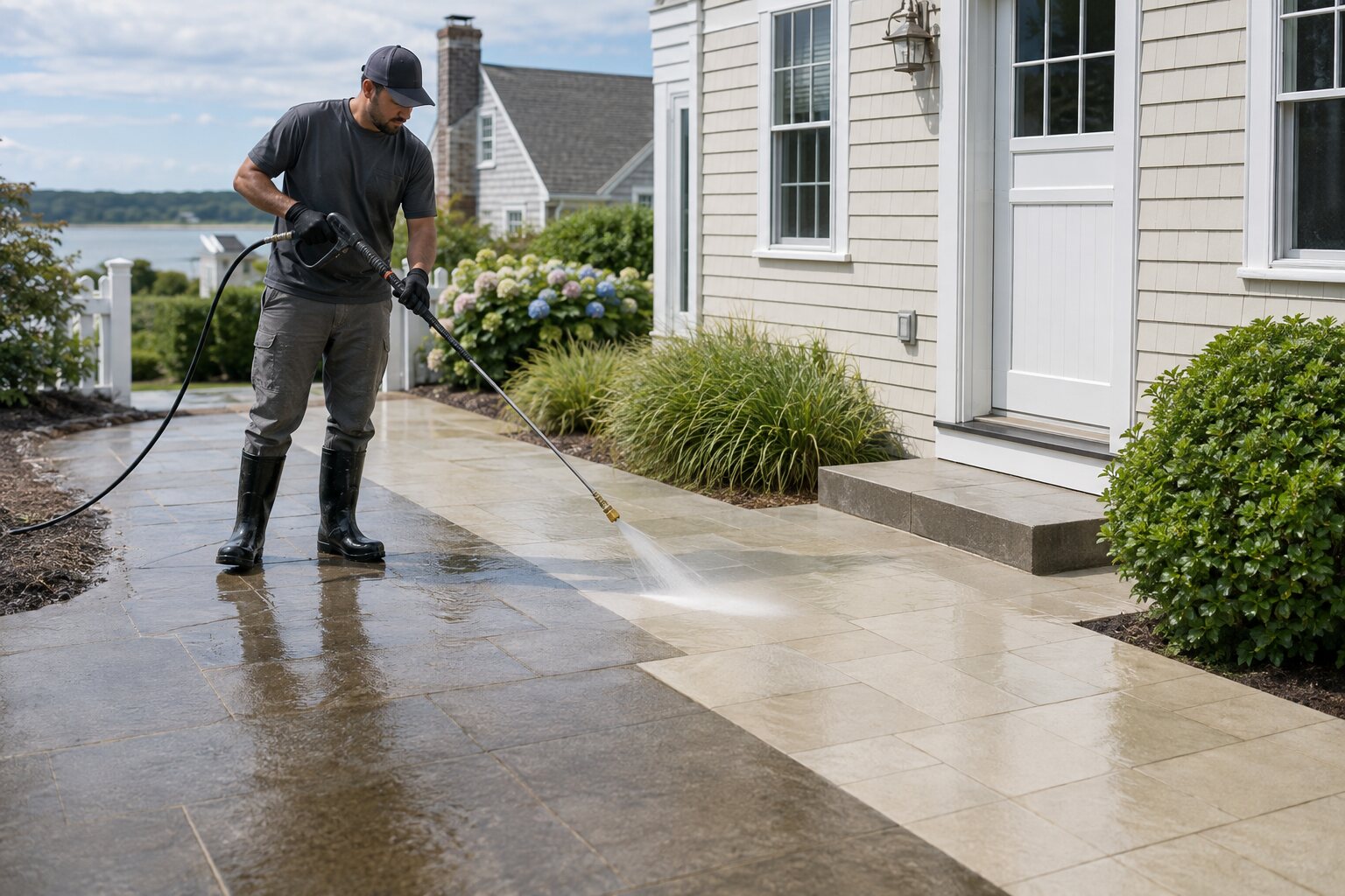 Professional power washing a residential walkway